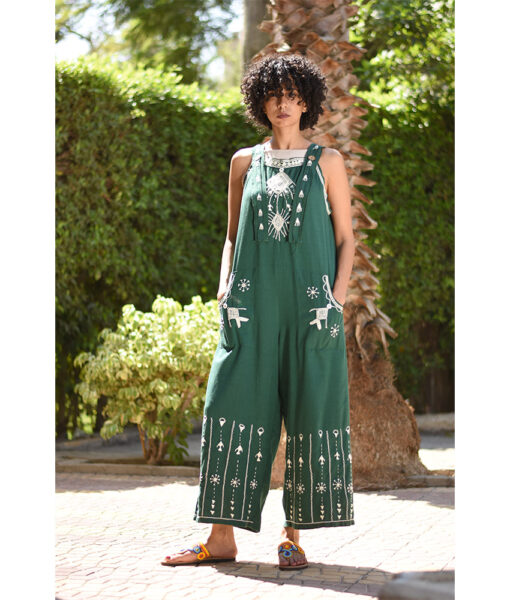 Emerald Green Siwa Embroidered Linen Jumpsuit Handmade in Egypt & available at Jozee Boutique