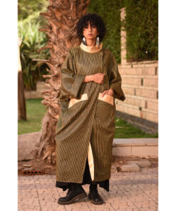 Gold, Striped Black & Yellow Long Double-Faced Jacket handmade in Egypt & available at Jozee Boutique.