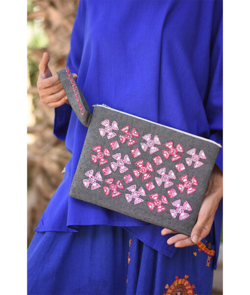 Grey Embroidered Clutch handmade in Egypt & available at Jozee Boutique.