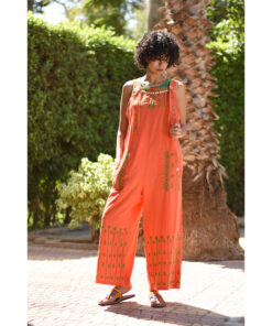 Orange Siwa Embroidered Linen Jumpsuit Handmade in Egypt & available at Jozee Boutique