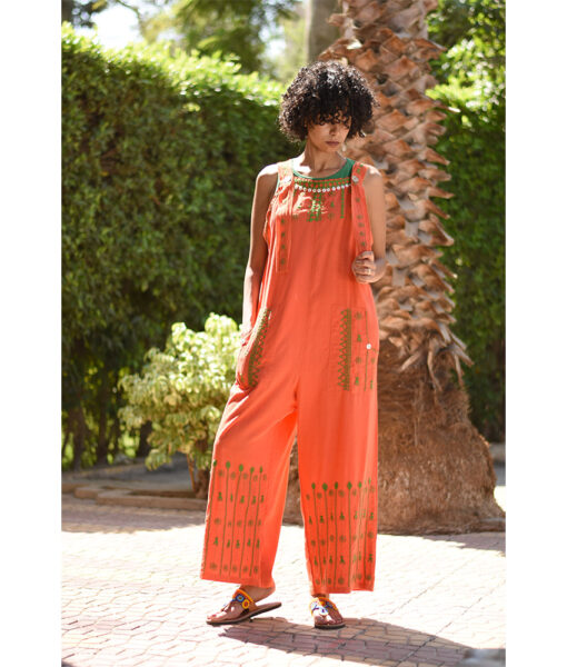 Orange Siwa Embroidered Linen Jumpsuit Handmade in Egypt & available at Jozee Boutique