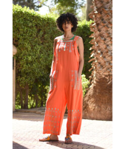 Orange Siwa Embroidered Linen Jumpsuit Handmade in Egypt & available at Jozee Boutique