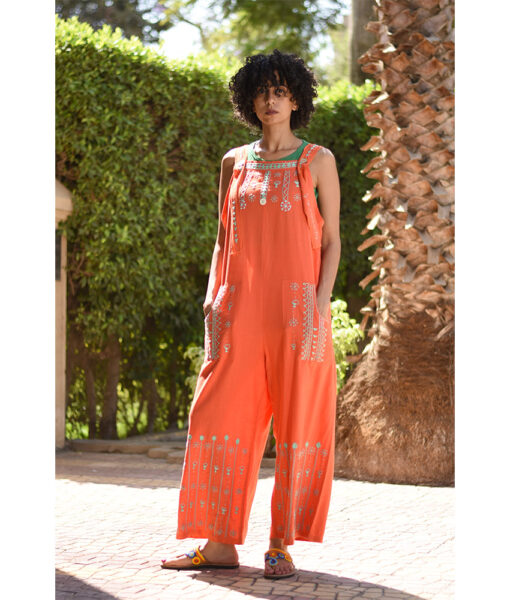 Orange Siwa Embroidered Linen Jumpsuit Handmade in Egypt & available at Jozee Boutique