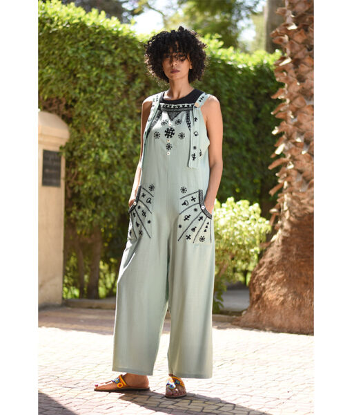 Mint Siwa Embroidered Linen Jumpsuit Handmade in Egypt & available at Jozee Boutique