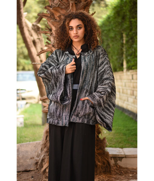 Black & Grey Handwoven Jacket handmade in Egypt & available at Jozee Boutique.