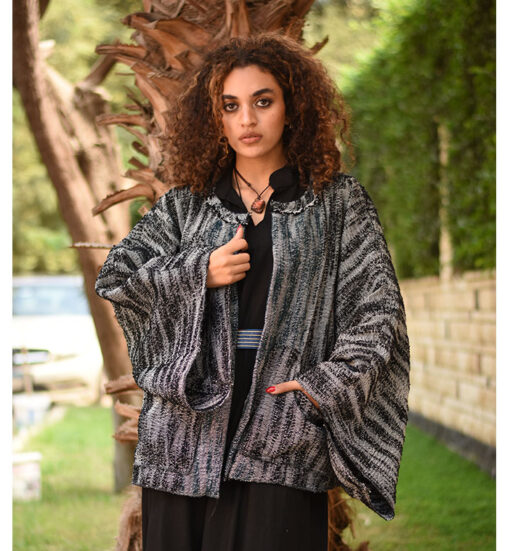 Black & Grey Handwoven Jacket handmade in Egypt & available at Jozee Boutique.