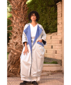 Silver & Blue Long Double-Faced Jacket handmade in Egypt & available at Jozee Boutique.