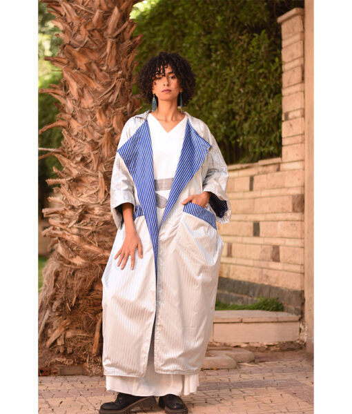 Silver & Blue Long Double-Faced Jacket handmade in Egypt & available at Jozee Boutique.