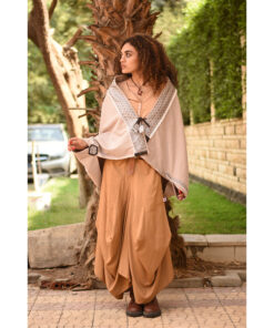 Beige Thin Wool Bolero with Silk & Cotton Loom Woven Patches handmade in Egypt & available at Jozee Boutique.