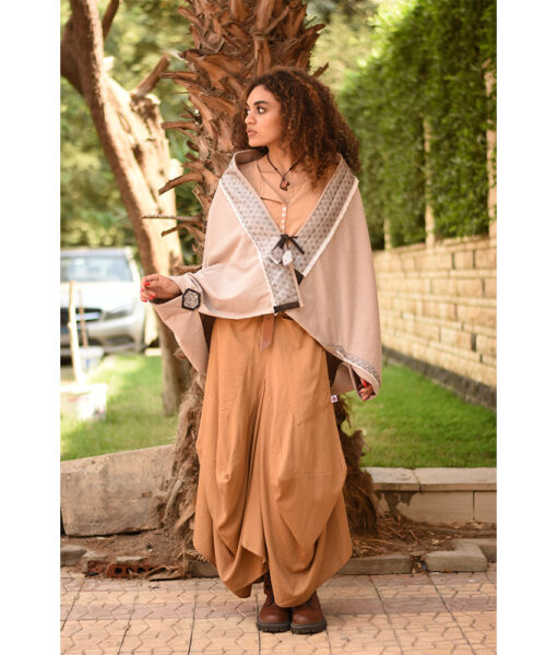 Beige Thin Wool Bolero with Silk & Cotton Loom Woven Patches handmade in Egypt & available at Jozee Boutique.