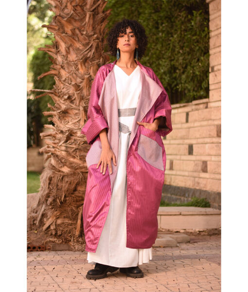 Striped Shades of Pink Long Double-Faced Jacket handmade in Egypt & available at Jozee Boutique.