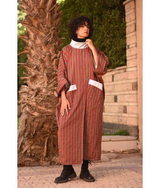 Striped Silver & Maroon Long Double-Faced Jacket handmade in Egypt & available at Jozee Boutique.