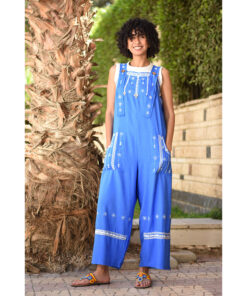 Denim Blue Siwa Embroidered Linen Jumpsuit Handmade in Egypt & available at Jozee Boutique