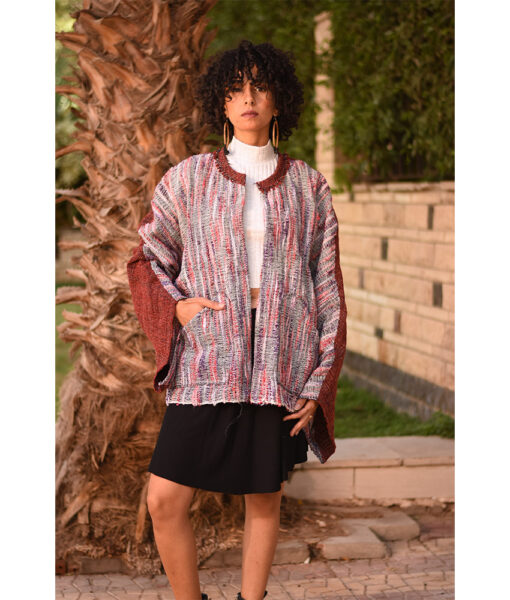 Multicolored & Maroon Handwoven Jacket handmade in Egypt & available at Jozee Boutique.