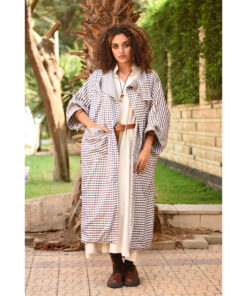 Silverish & Checkered White and Brown Long Double-Faced Jacket handmade in Egypt & available at Jozee Boutique.