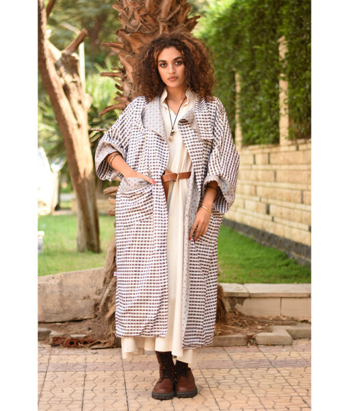 Silverish & Checkered White and Brown Long Double-Faced Jacket handmade in Egypt & available at Jozee Boutique.