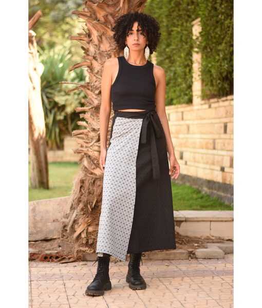 Black & Silver Silk and Cotton Loom Woven Long Wrap Skirt handmade in Egypt & available at Jozee Boutique.