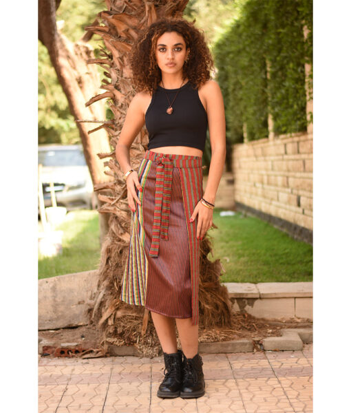 Multicolored Silk and Cotton Loom Woven Midi Wrap Skirt handmade in Egypt & available at Jozee Boutique.