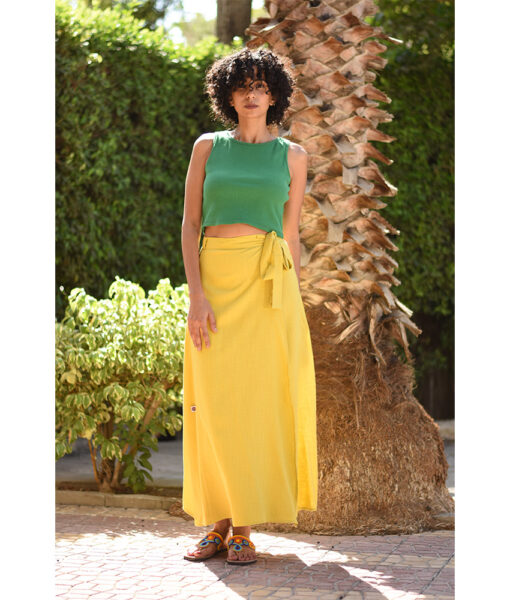 Yellow Linen Wrap Skirt handmade in Egypt & available at Jozee Boutique.