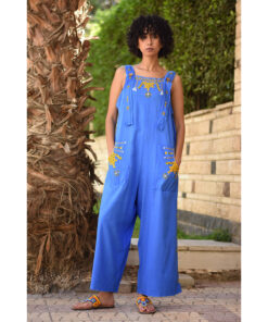 Denim Blue Siwa Embroidered Linen Jumpsuit Handmade in Egypt & available at Jozee Boutique