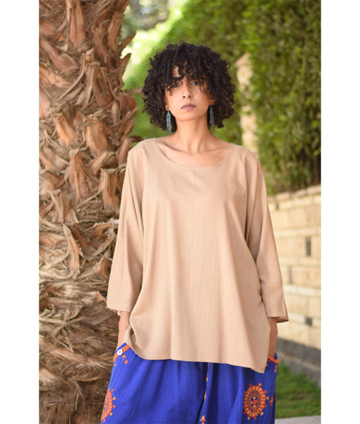 Dark Beige Linen Top – Long Sleeves handmade in Egypt & available in Jozee boutique