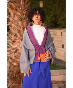 Grey & Purple Thin Wool Bolero with Silk & Cotton Loom Woven Patches handmade in Egypt & available at Jozee Boutique.