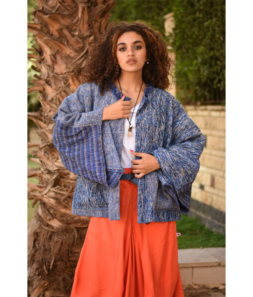 Shades of Blue Handwoven Jacket handmade in Egypt & available at Jozee Boutique.