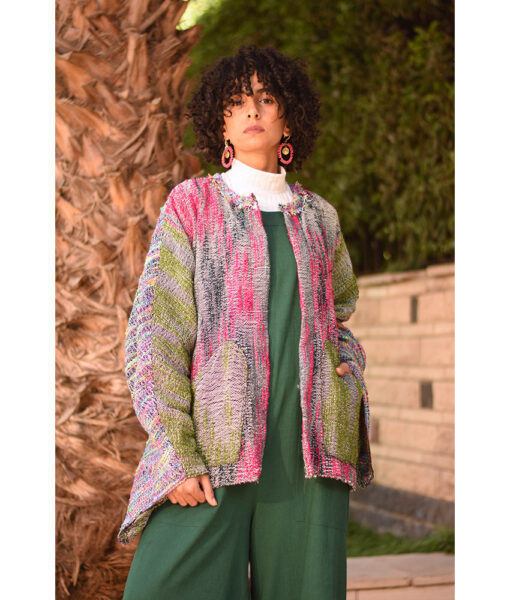 Multicolored Handwoven Jacket handmade in Egypt & available at Jozee Boutique.