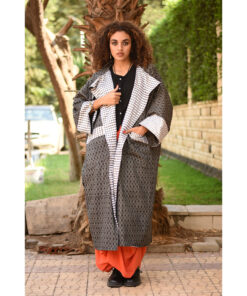 Dark Grey & Checkered Black and White Long Double-Faced Jacket handmade in Egypt & available at Jozee Boutique.