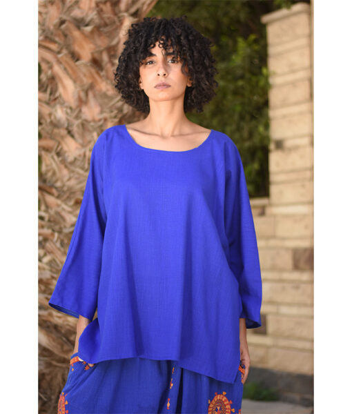 Electric Blue Linen Top – Long Sleeves handmade in Egypt & available in Jozee boutique