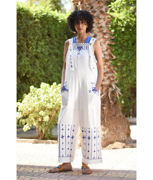 White Siwa Embroidered Linen Jumpsuit Handmade in Egypt & available at Jozee Boutique