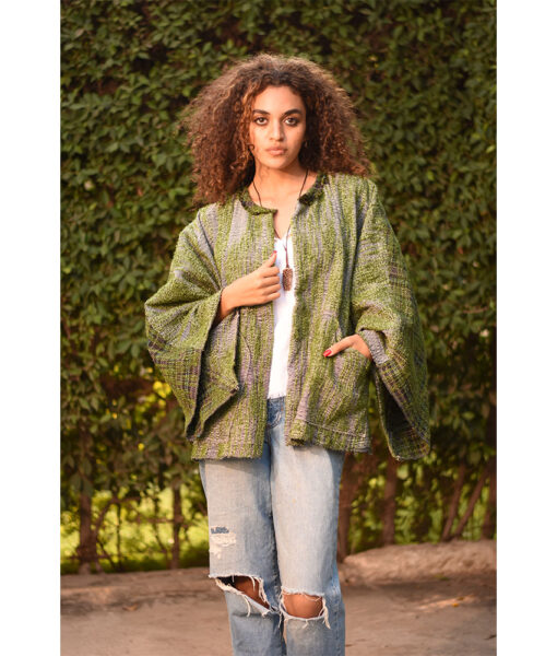 Green Handwoven Jacket handmade in Egypt & available at Jozee Boutique.