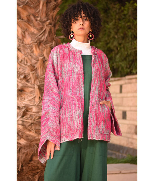 Fuchsia & Grey Handwoven Jacket handmade in Egypt & available at Jozee Boutique.