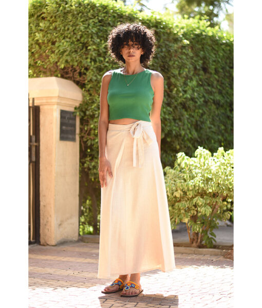 Beige Linen Wrap Skirt handmade in Egypt & available at Jozee Boutique.