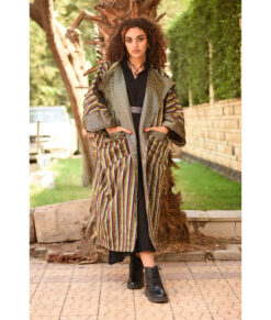 Striped Gold and Black & Multicolored Long Double-Faced Jacket handmade in Egypt & available at Jozee Boutique.