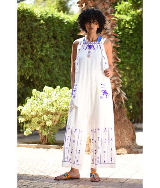 White Siwa Embroidered Linen Jumpsuit Handmade in Egypt & available at Jozee Boutique