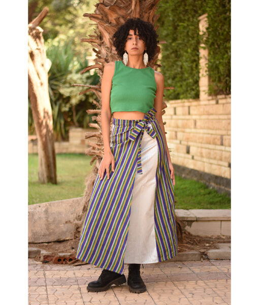 Multicolored & Silver Silk and Cotton Loom Woven Long Wrap Skirt handmade in Egypt & available at Jozee Boutique.