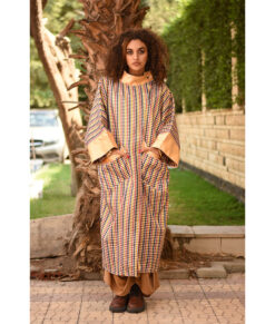 Gold & Checkered Multicolored Long Double-Faced Jacket handmade in Egypt & available at Jozee Boutique.