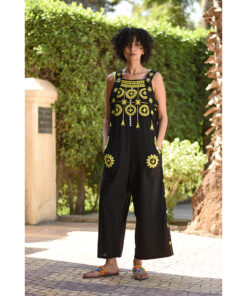 Black Siwa Embroidered Linen Jumpsuit Handmade in Egypt & available at Jozee Boutique