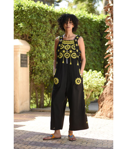 Black Siwa Embroidered Linen Jumpsuit Handmade in Egypt & available at Jozee Boutique