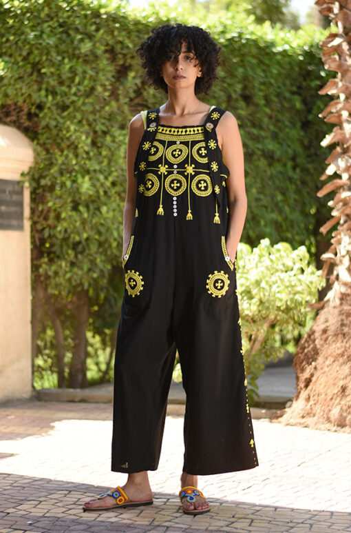 Black Siwa Embroidered Linen Jumpsuit Handmade in Egypt & available at Jozee Boutique