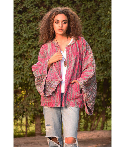 Fuchsia & Grey Handwoven Jacket handmade in Egypt & available at Jozee Boutique.