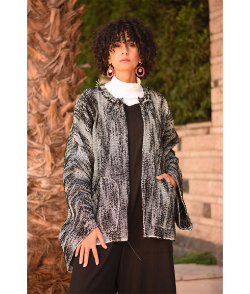 Black & Grey Handwoven Jacket handmade in Egypt & available at Jozee Boutique.