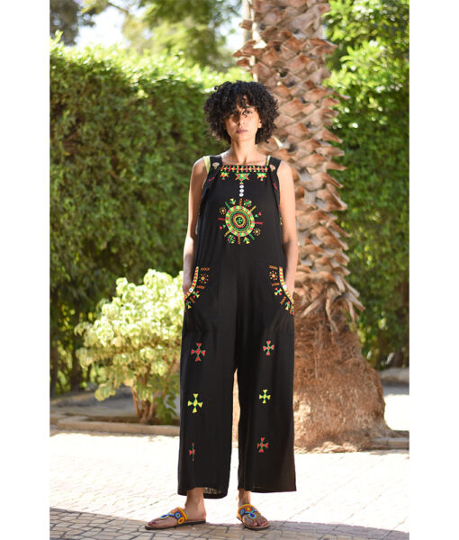 Black Siwa Embroidered Linen Jumpsuit Handmade in Egypt & available at Jozee Boutique