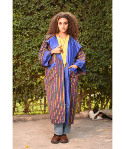 Electric Blue & Multicolored Long Double-Faced Jacket handmade in Egypt & available at Jozee Boutique.