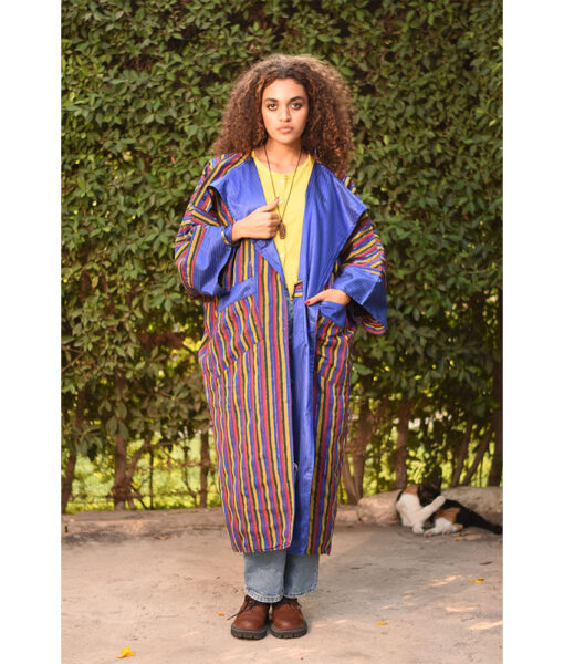 Electric Blue & Multicolored Long Double-Faced Jacket handmade in Egypt & available at Jozee Boutique.