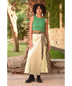 Champagne Gold & Multicolored Silk and Cotton Loom Woven Long Wrap Skirt handmade in Egypt & available at Jozee Boutique.