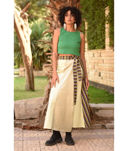 Champagne Gold & Multicolored Silk and Cotton Loom Woven Long Wrap Skirt handmade in Egypt & available at Jozee Boutique.