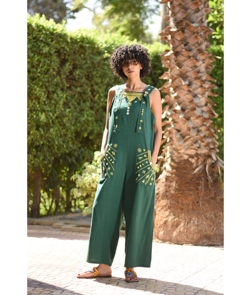 Emerald Green Siwa Embroidered Linen Jumpsuit Handmade in Egypt & available at Jozee Boutique