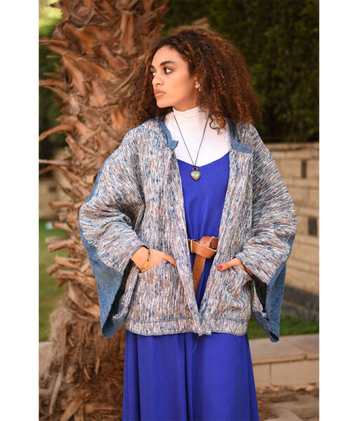 Blue & Off White Handwoven Jacket handmade in Egypt & available at Jozee Boutique.